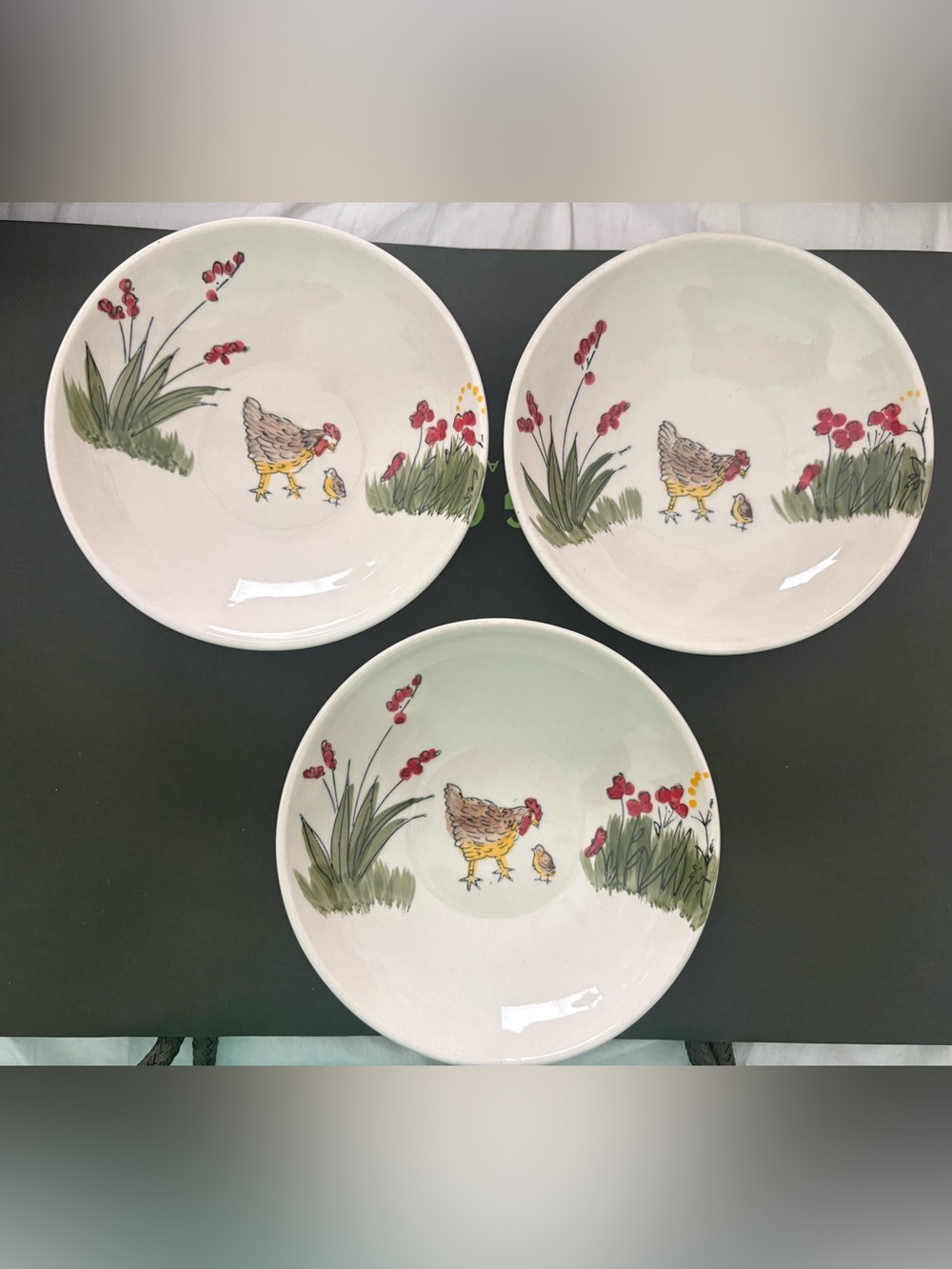 Chicken & Chick Decorative Ceramic Bowl - White with Red and Green Accents
